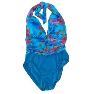 VTG Mainstream Plus-Size 14 Halter Blue Floral Rushed One-piece Swimsuit